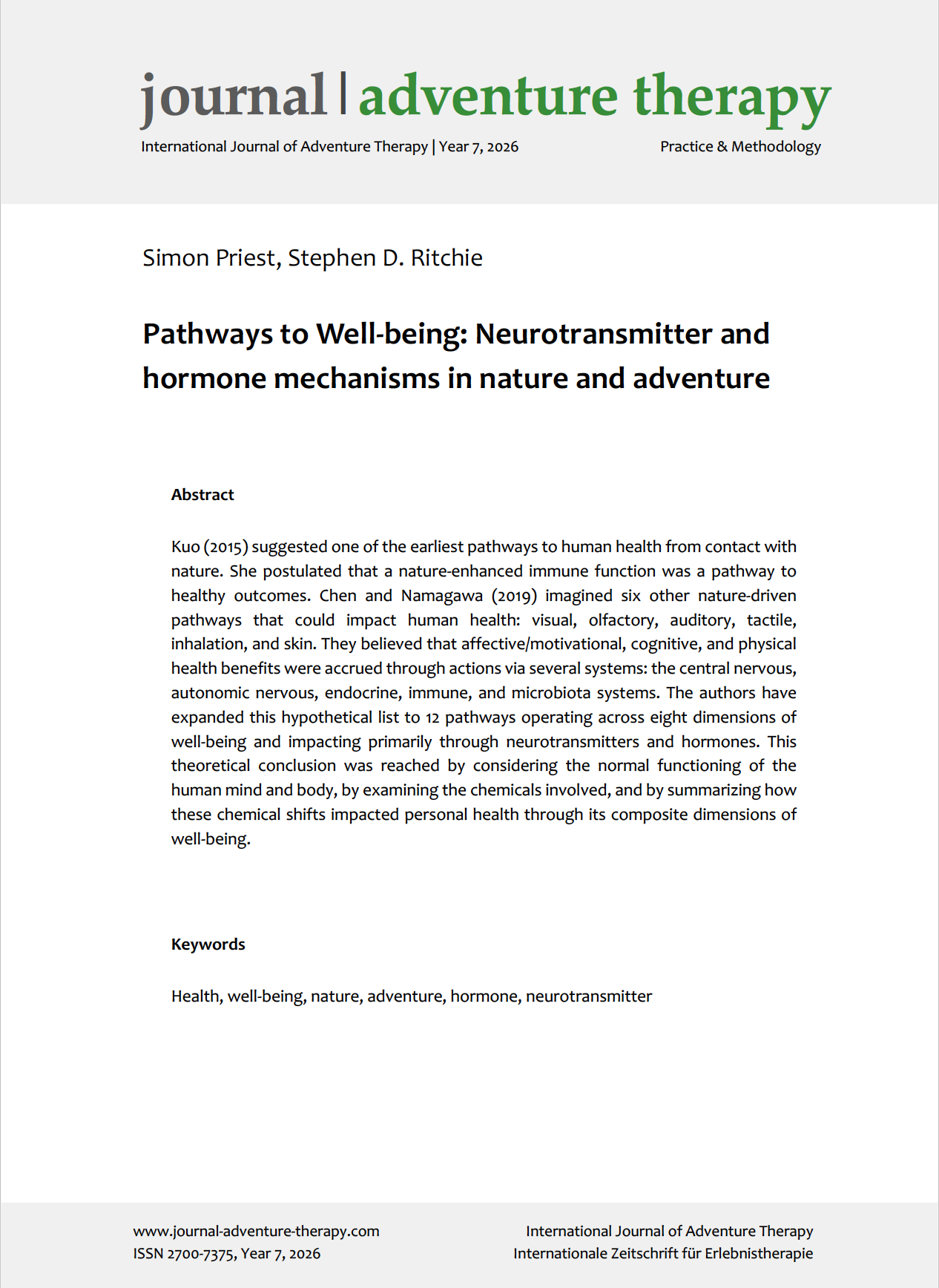 Pathways to Well-being: Neurotransmitter and hormone mechanisms in nature and adventure