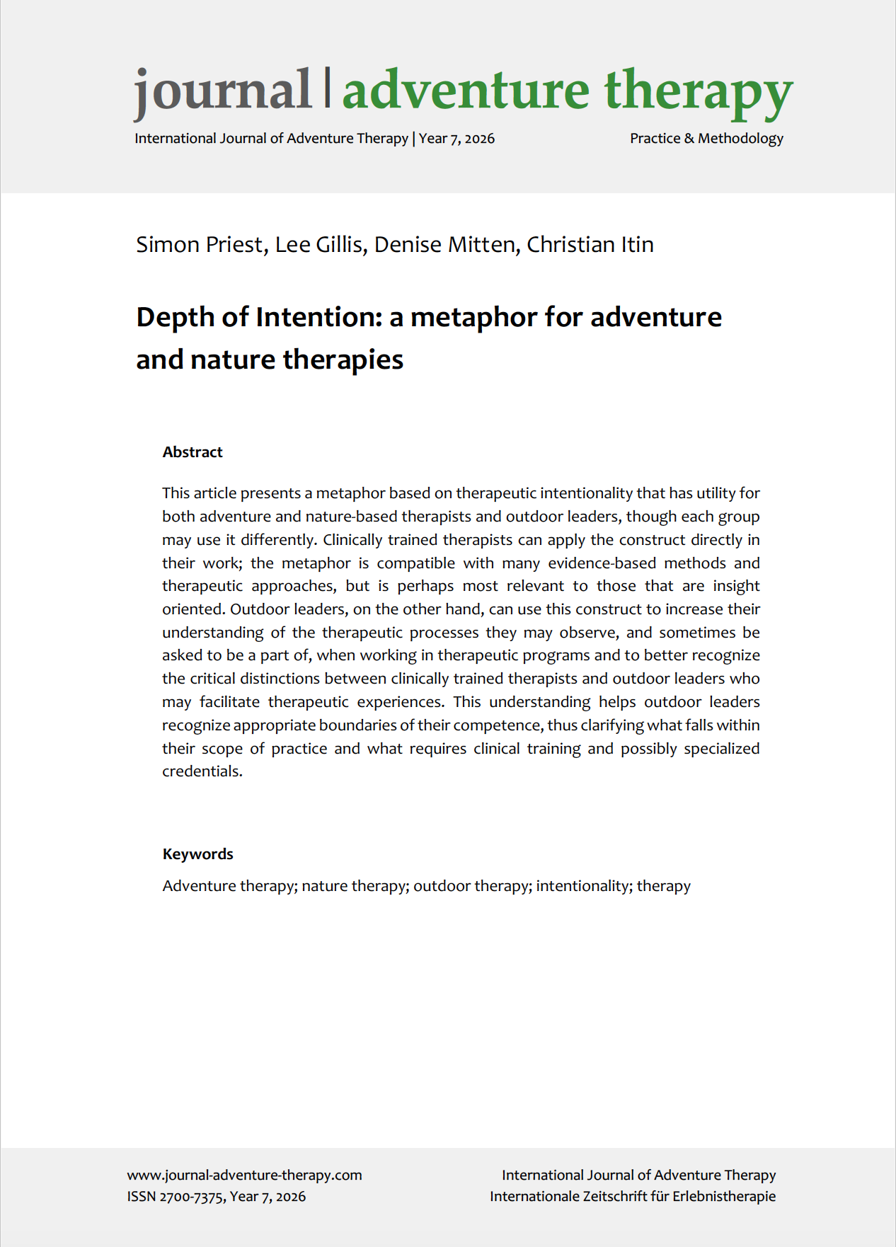 Depth of Intention: a metaphor for adventure and nature therapies